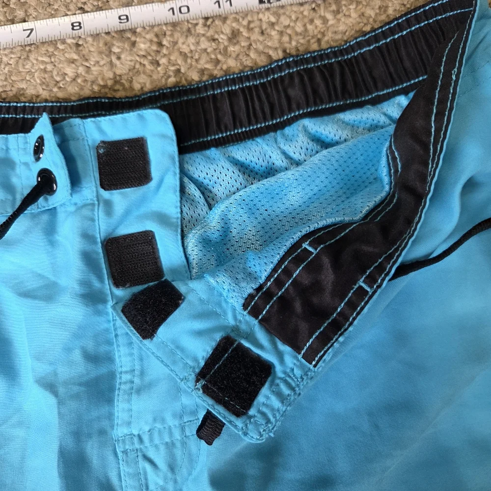 NIKE Swim Trunks Turquiose Blue Lined Spellout‎ Back Swoosh Mens SZ L